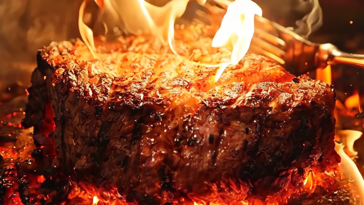 스테이크가 포크로 그릴에 조리되고 있다