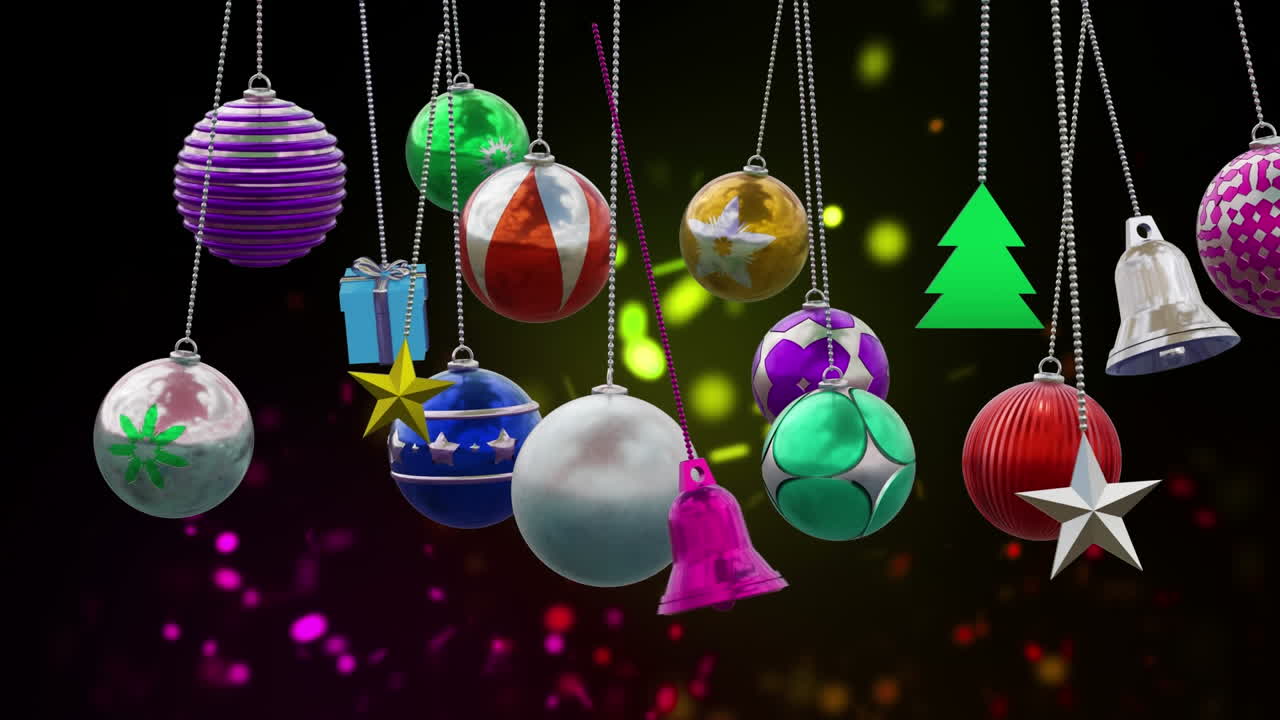 animación de bolas de navidad y nieve cayendo sobre un fondo negro