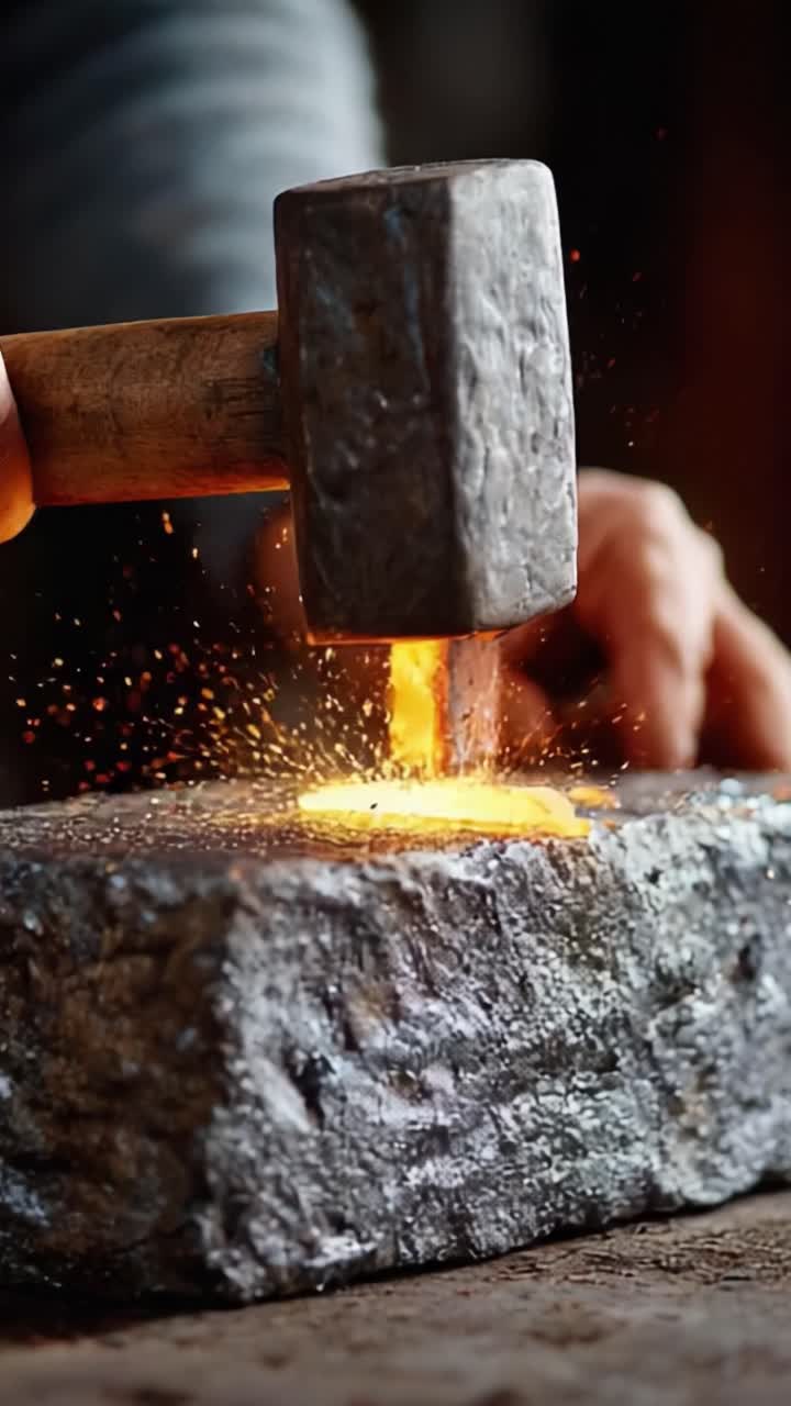 Forgiatura del metallo: un percorso graduale per forgiare metallo incandescente con colpi di martello e bagliori scintillanti, che mostra l'arte delle tradizionali tecniche di lavorazione del ferro