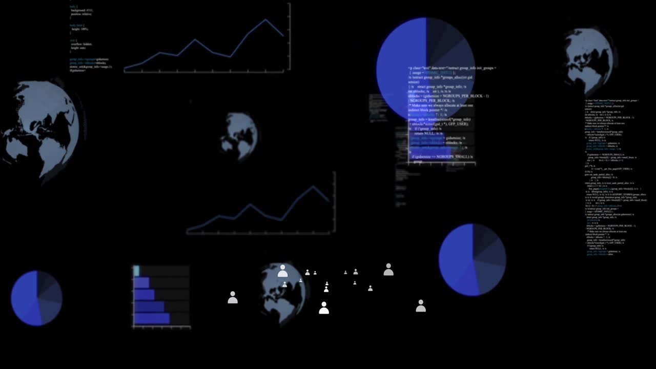 animación del globo y procesamiento de datos sobre un fondo oscuro
