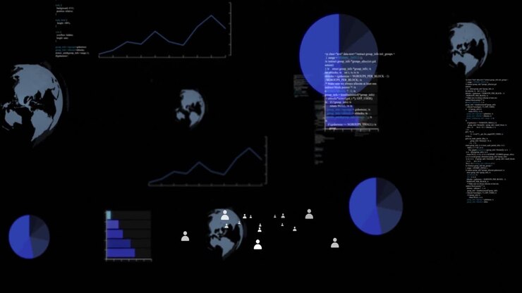 Animation of globe and data processing over dark background