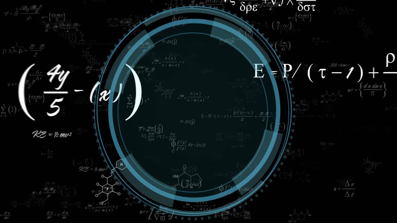 Mathematical equations and scientific formulas animation over circular digital interface