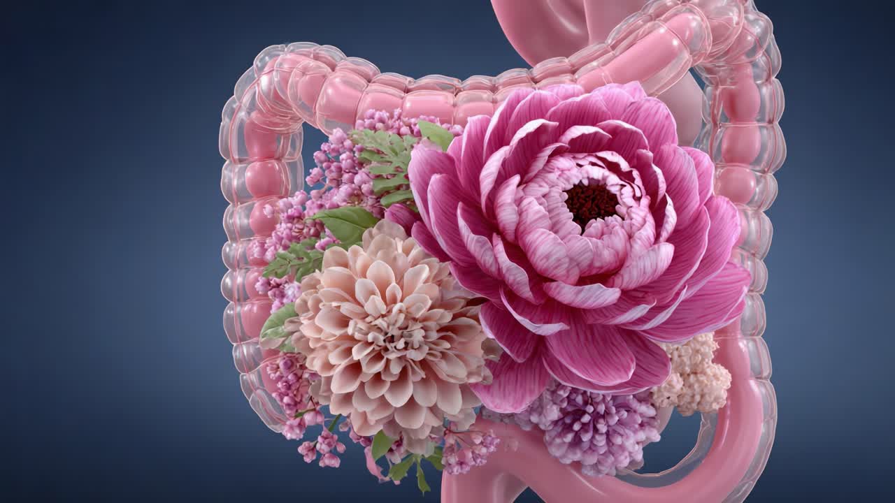 A Vibrant Representation of the Human Intestine Intertwined with Elegant Floral Arrangements, Emphasizing the Beauty of Anatomy and Nature in Harmony