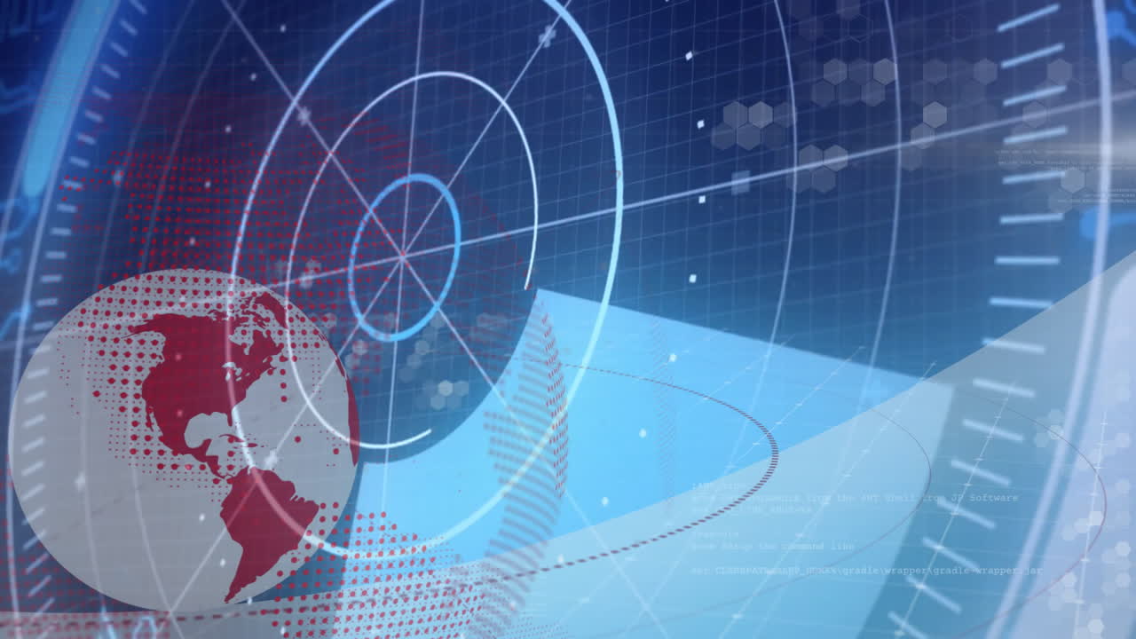 Digital globe showing red continents rotating over blue grid, displaying radar rings with hexagons