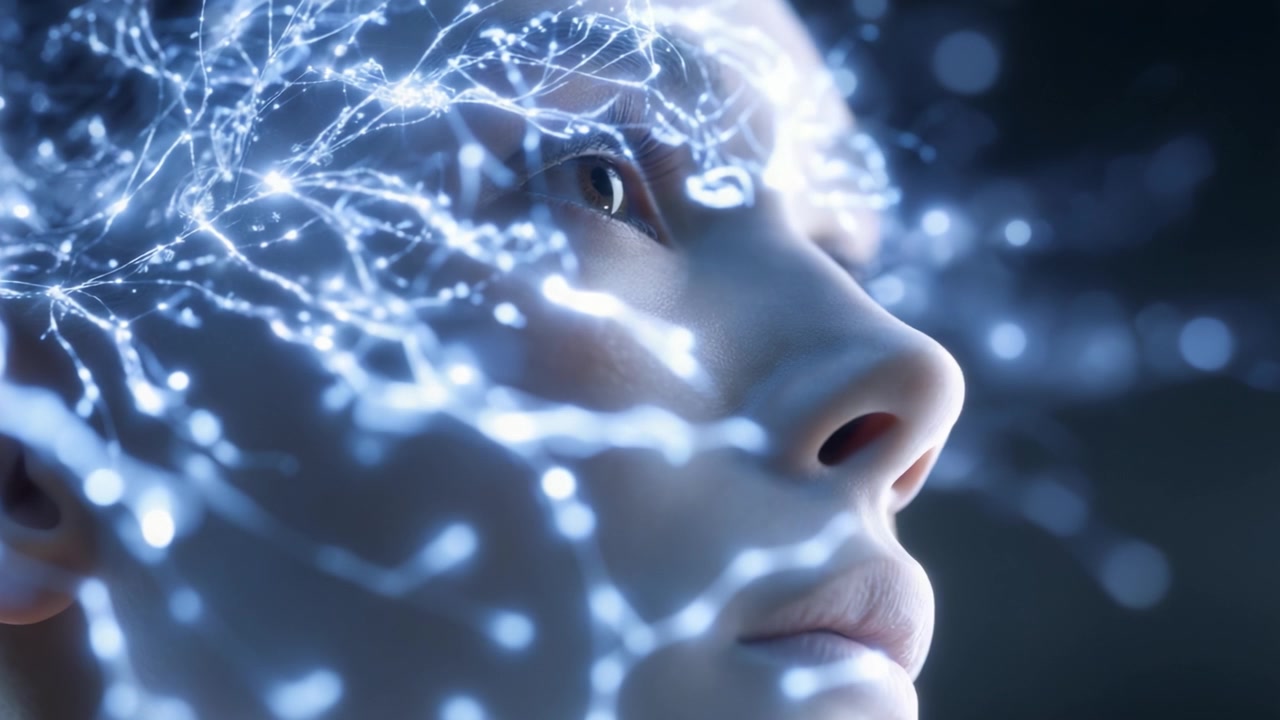 A close-up view of an individual's face illuminated by a network of intricate blue light patterns symbolizing advanced neural connections and cognitive processes.