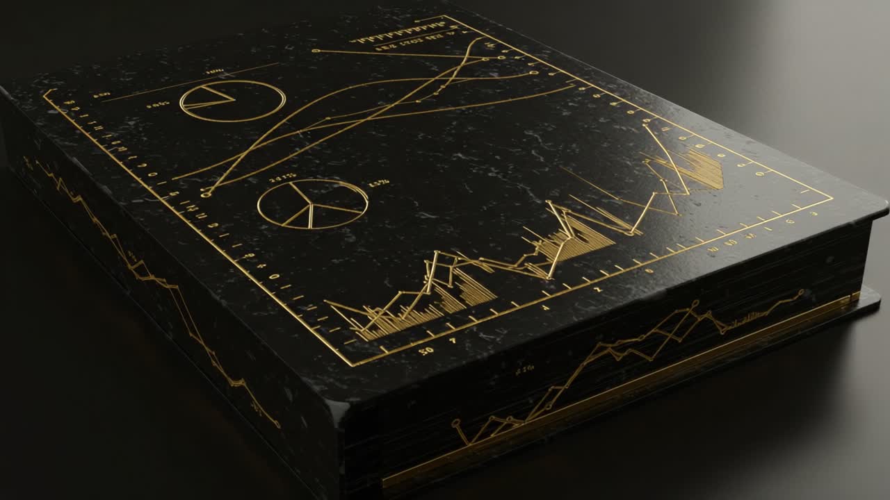 An Elegant Display of Analytical Data: A Luxurious Book Featuring Intricate Graphs and Statistical Charts on a Sleek Black Surface