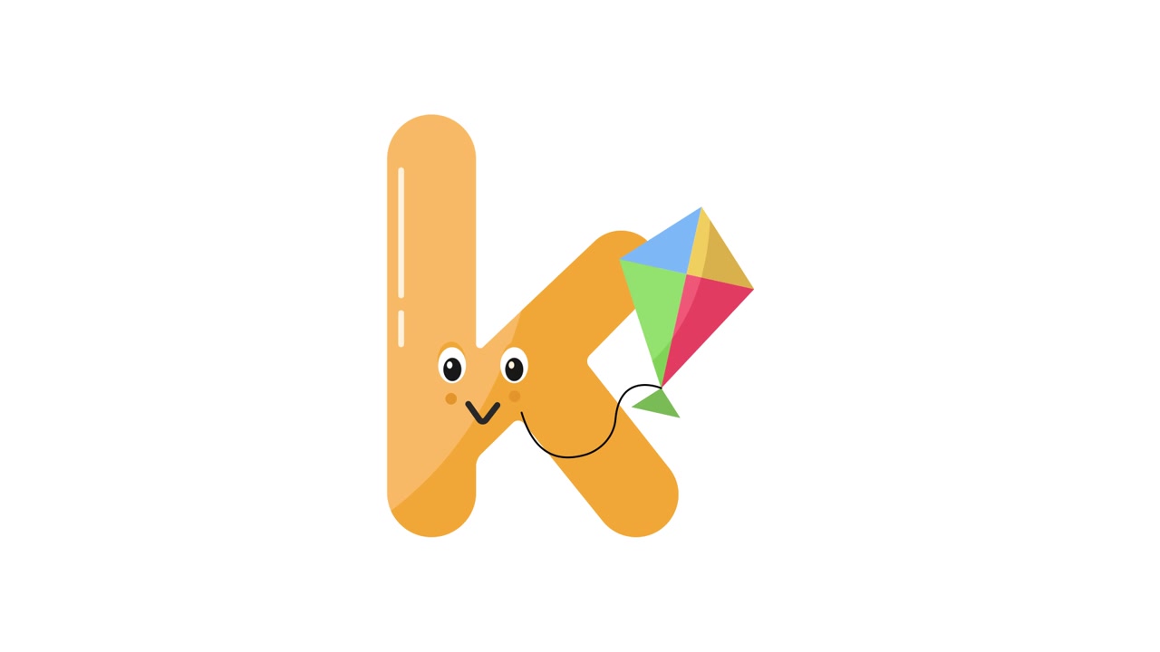 Lettera K Animata Felice che Tiene un Aquilone Colorato