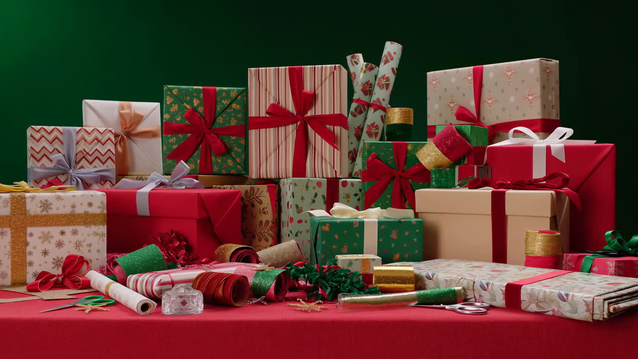 Kırmızı Bir Masa Üzerinde Şenlikli Tatil Hediye Kutuları ve Paketleme Malzemeleri