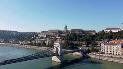 drone view over danube river of széchenyi chain bridge and buda castle, budapest