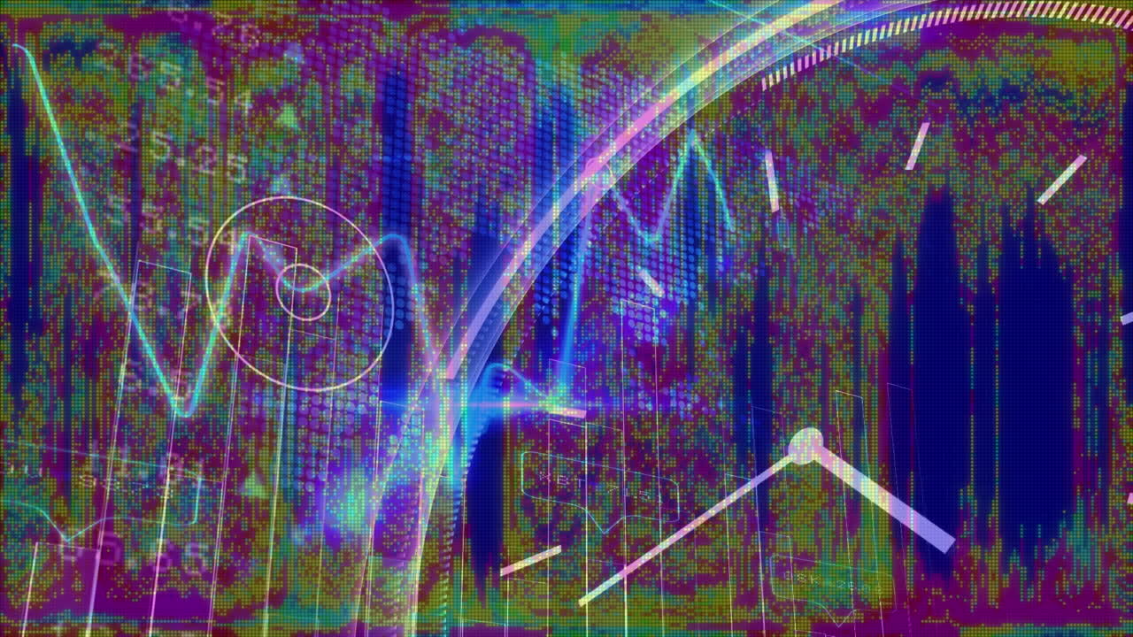 Animation of screen with data processing clock moving on stripes in seamless loop