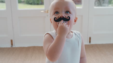 funny baby wearing moustache pacifier happy toddler sucking on dummy having fun cute infant enjoying silly humor at home 4k