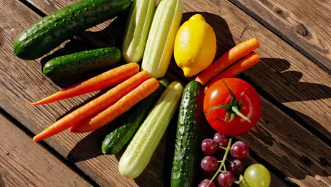 freshly harvested vegetables and fruits on a wooden table