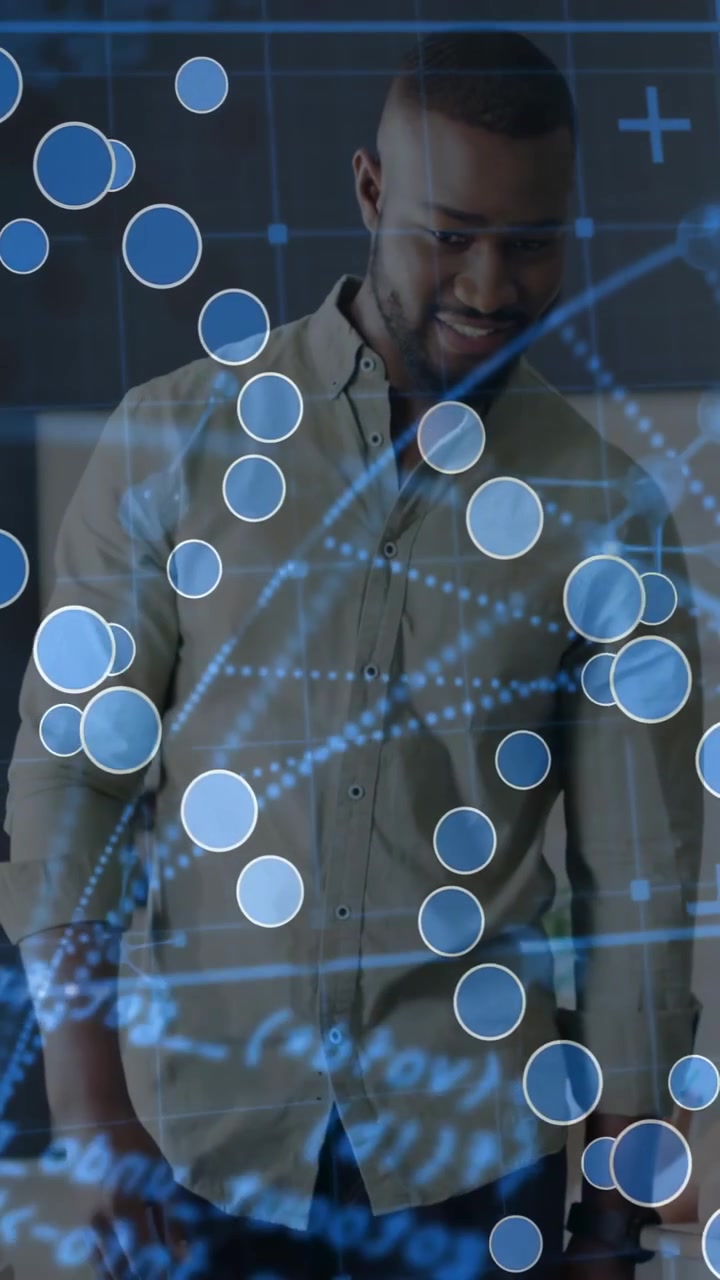 Vertical video: Man overlay emerging over him, shifting and gesturing at graphs and nodes for tech