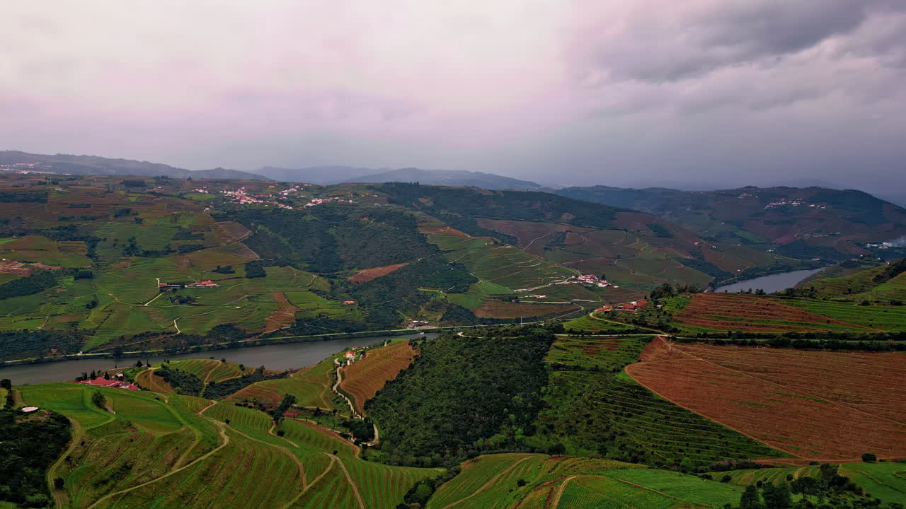 Vista aerea di un fiume calmo che scorre tra campi verdi. Vaste colline terrazzate nella campagna