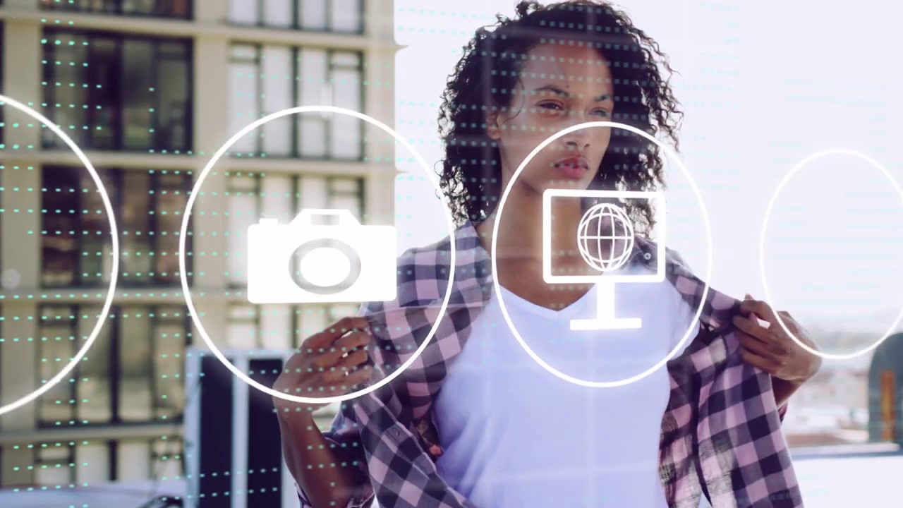 Female model adjusting plaid shirt, posing on rooftop as UI icons entering frame, driving marketing