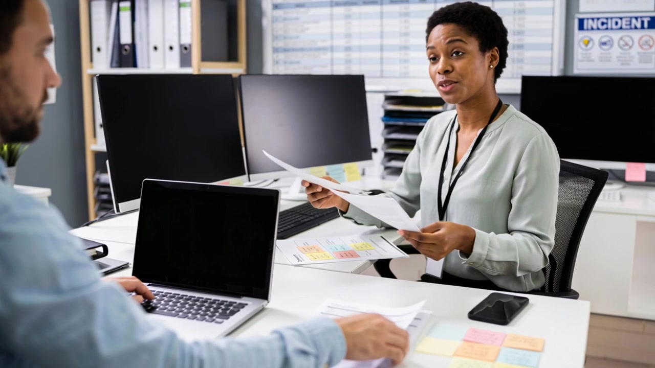 Speaking woman with blouse and lanyard showing charts at desk, leading man taking sheet for review
