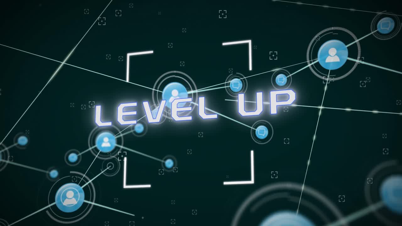 녹색 배경에 대한 레벨 업 텍스트 배너를 통해 연결 네트워크와 범위의 애니메이션