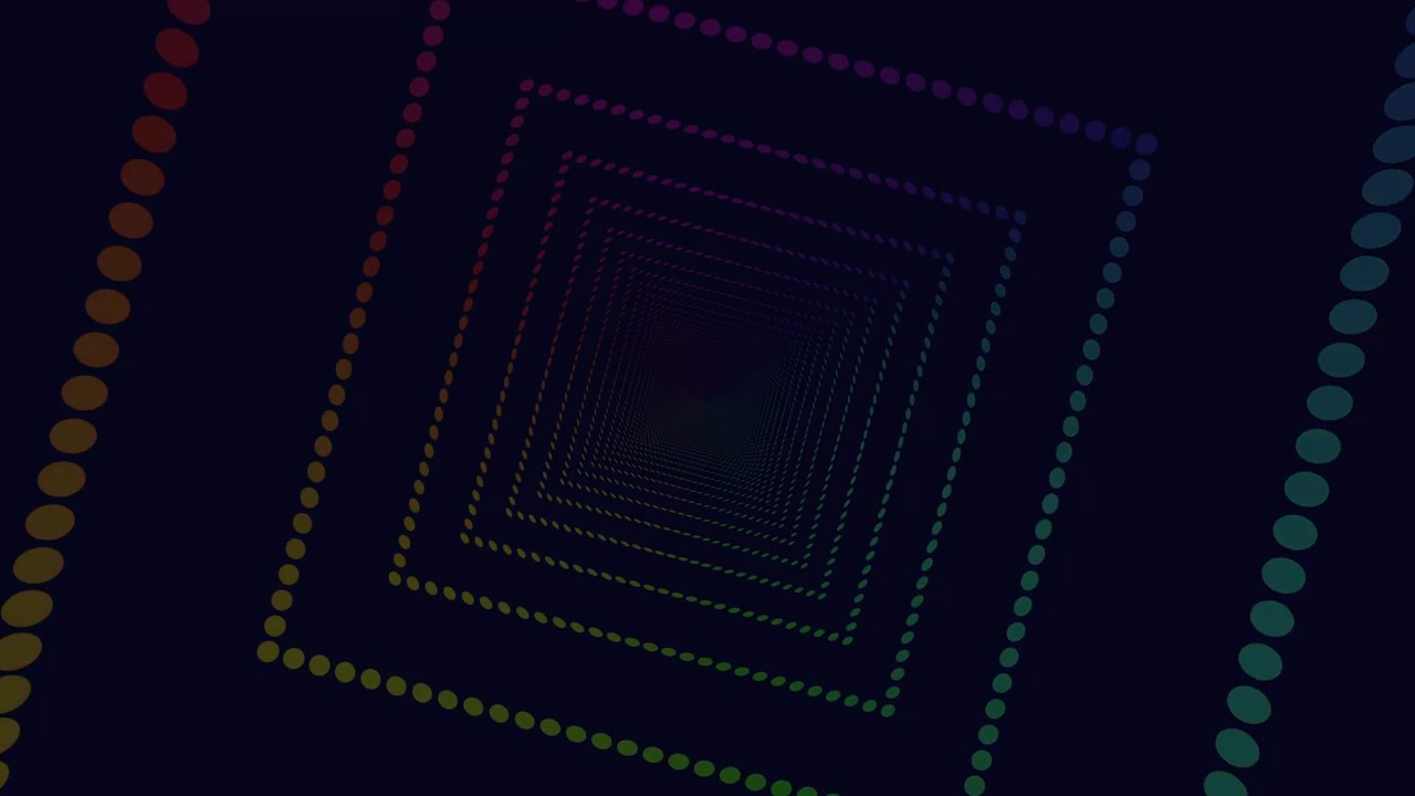 Abstract dotted square tunnel animation with colorful neon lights on dark background
