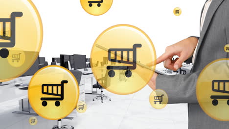 animation of flying shopping trolley icons over office