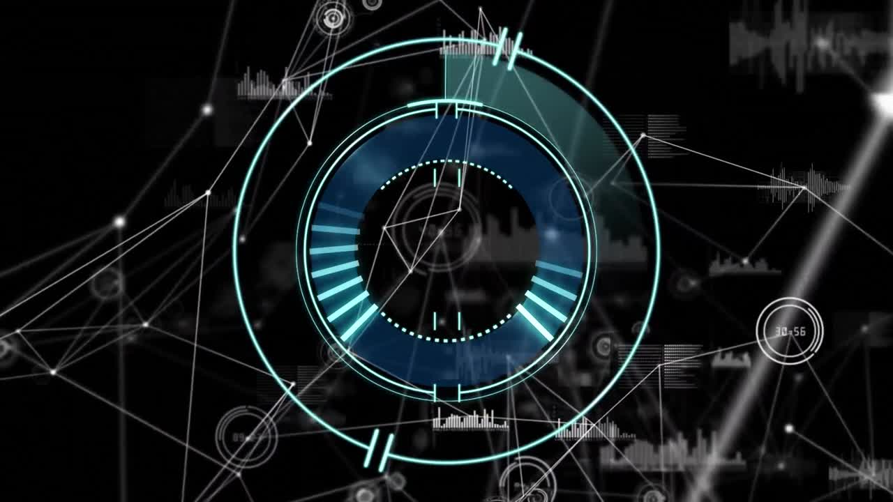 Animation of network of connections and scope scanning over black background