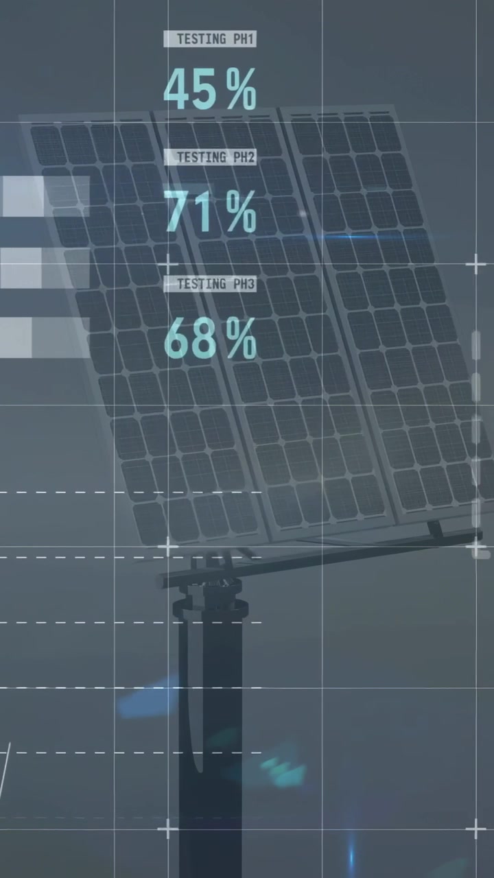 Vertikal video: Datafeed starter, monteret solpanel og HUD opdaterer analyser til overvågning.