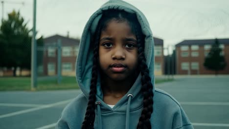 young girl wearing a hood looking at the camera.