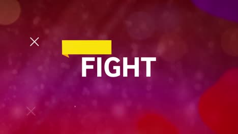 Digital-animation-of-fight-text-and-yellow-banner-against-spots-of-light-on-purple-background