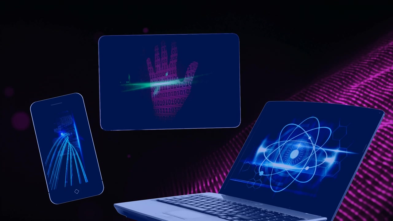 Animation of data on screens over black background with glitter