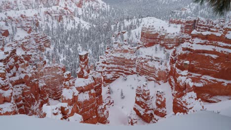 wide shot of the snow covered hoodoo rocks in bryce national park.