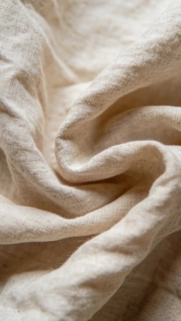 Vertical video: Shifting camera showing beige linen spiral fold on tabletop, highlighting weave