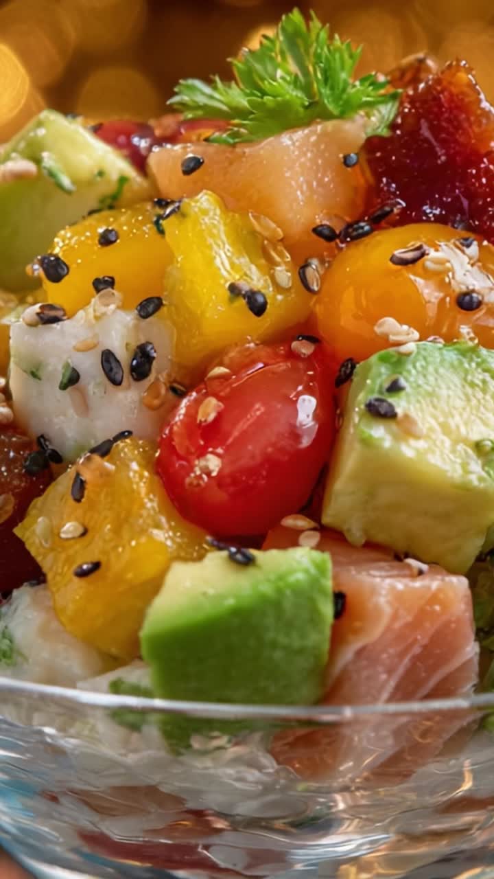 Un vivace mix di ingredienti freschi: colorata ciotola di insalata di frutta e pesce con avocado, pomodori e un tocco di sesamo per una delizia salutare