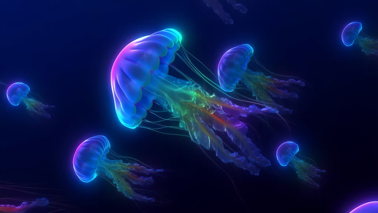 Glowing Neon Jellyfish in Dark Water