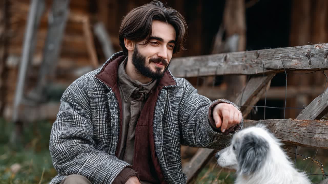 A Gentle Interaction: A Man Sharing a Moment with His Beloved Dog in a Rustic Country Setting, Surrounded by Nature and Simple Beauty
