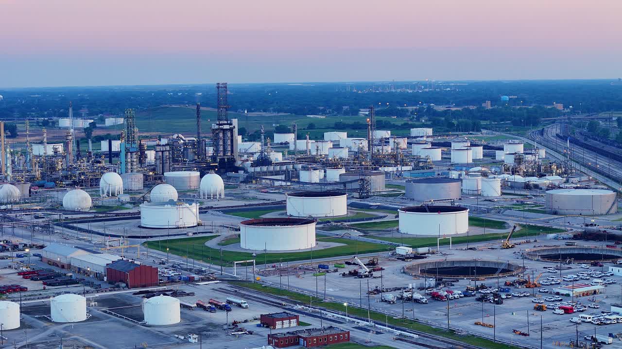 Wide aerial view of Cenovus Toledo Refinery with storage tanks and evening sky