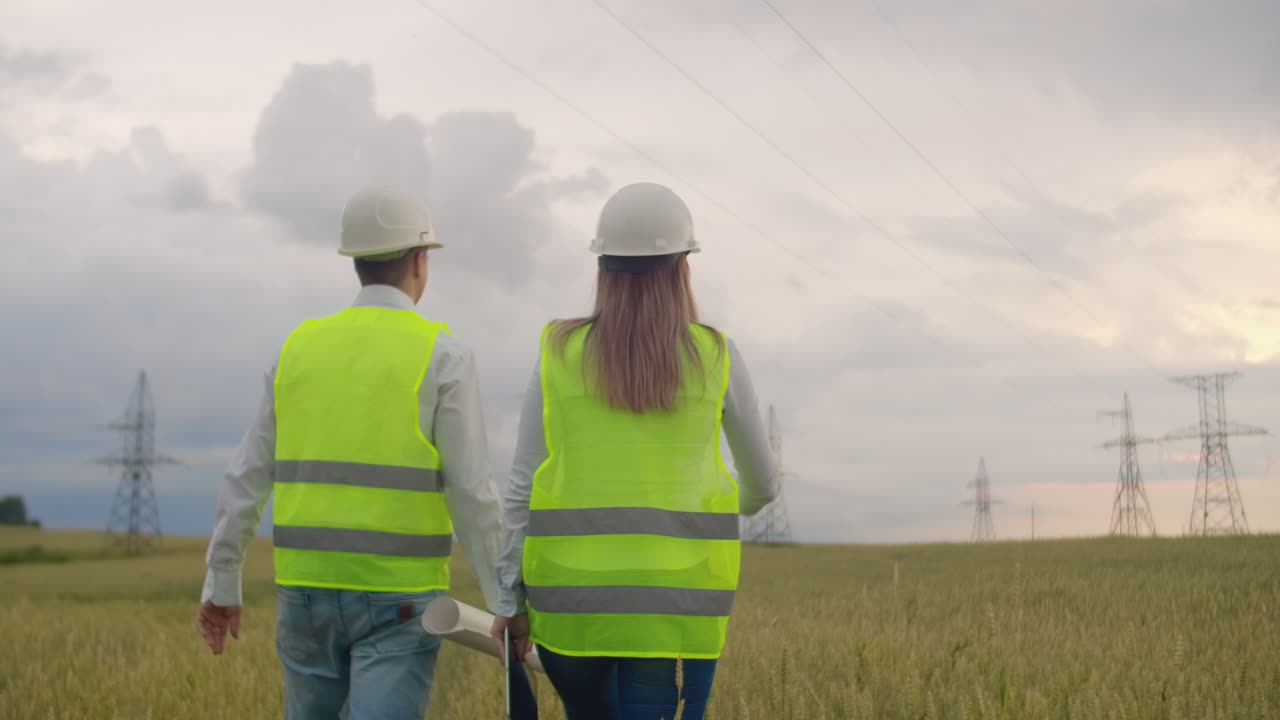 An electrician in the fields near the power transmission line. The electrician manages the process of erecting power lines. The mechanic in a helmet