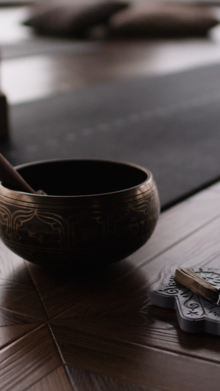 Peaceful Meditation Space with Sound Bowl and Incense