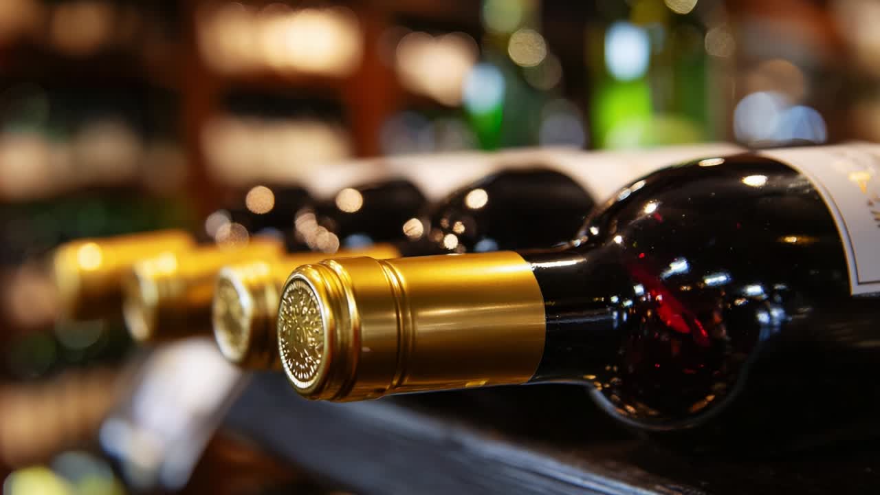 Una vetrina ravvicinata di eleganti bottiglie di vino esposte su uno scaffale con uno sfondo leggermente sfocato, che riflette la ricchezza e la raffinatezza dei vini pregiati in un ambiente di gusto