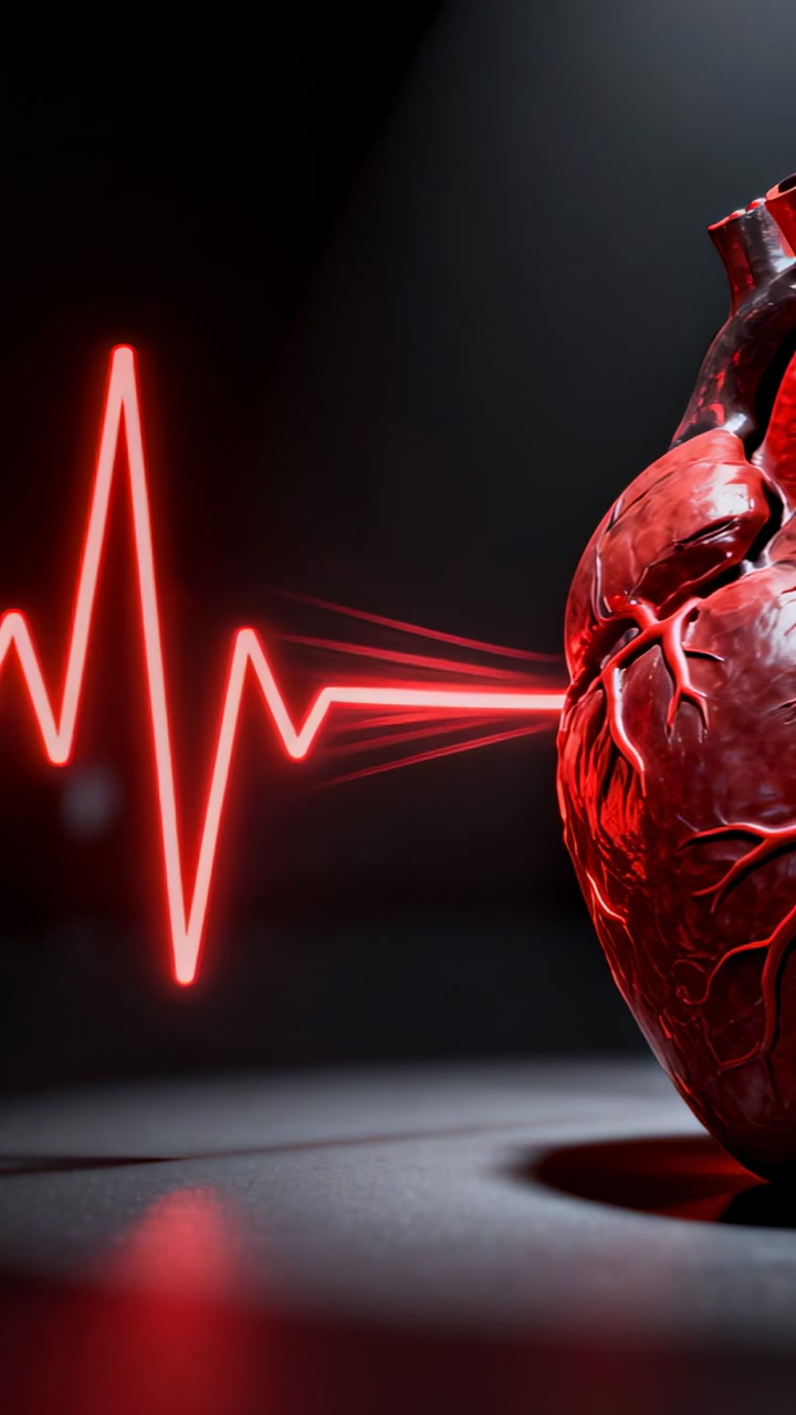 Vertical video: Pulsing ECG line sending red rays to heart model on stage syncing beat, copy space