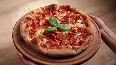 pepperoni pizza on wooden plate