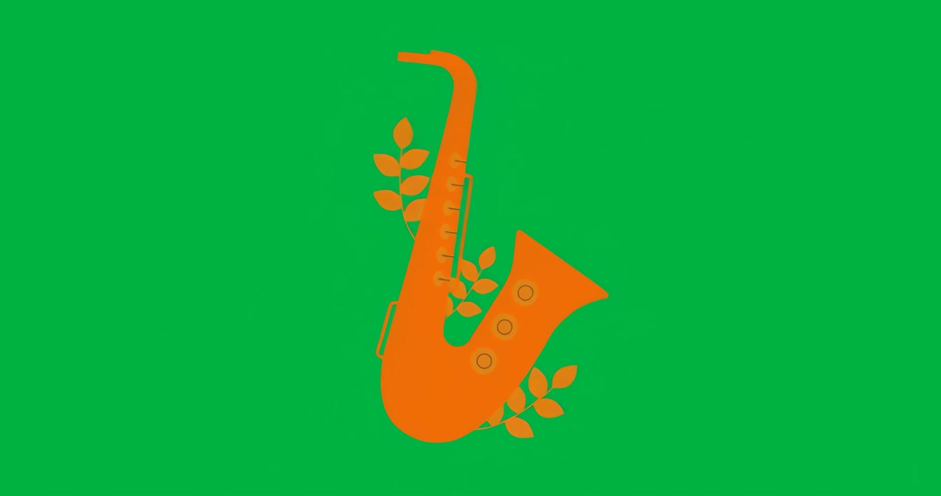 Orange saxophone dancing on transparent backdrop with leaf clusters and blue pixels for music tech