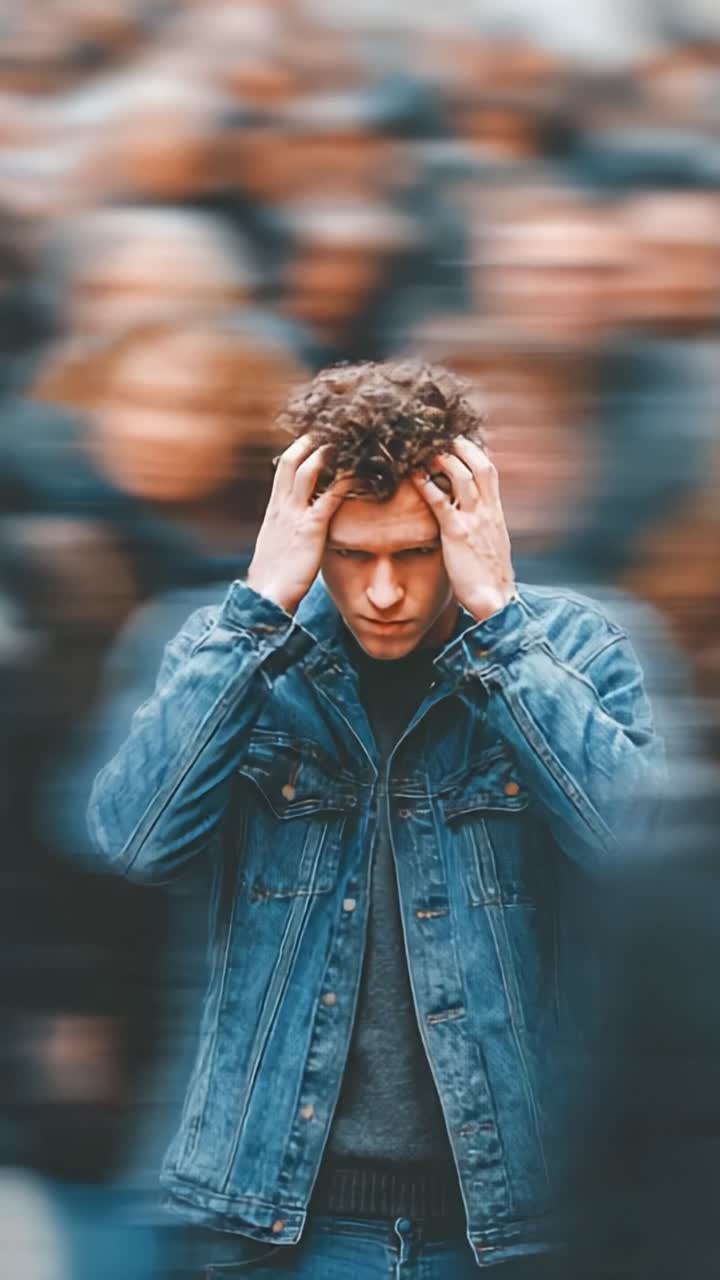 A Young Man in Distress Amidst a Chaotic Crowd, Struggling with Overwhelming Emotions and Life's Pressures, Symbolizing the Burden of Modern Existence