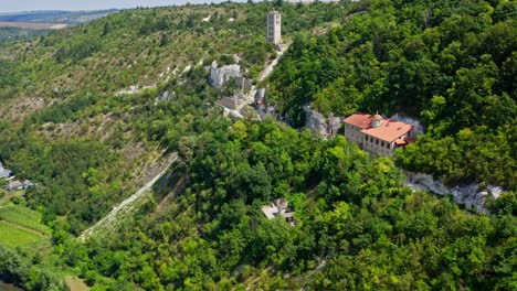 aerial view of rock monastery. beautiful mountainous landscape with rocky cliffs