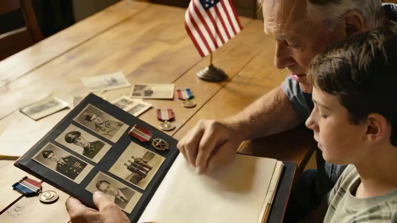 Placing album grandpa teaching boy turning pages showing medals at table with US flag, copy space