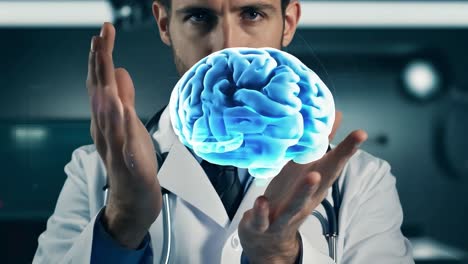 médico con una imagen holográfica de un cerebro