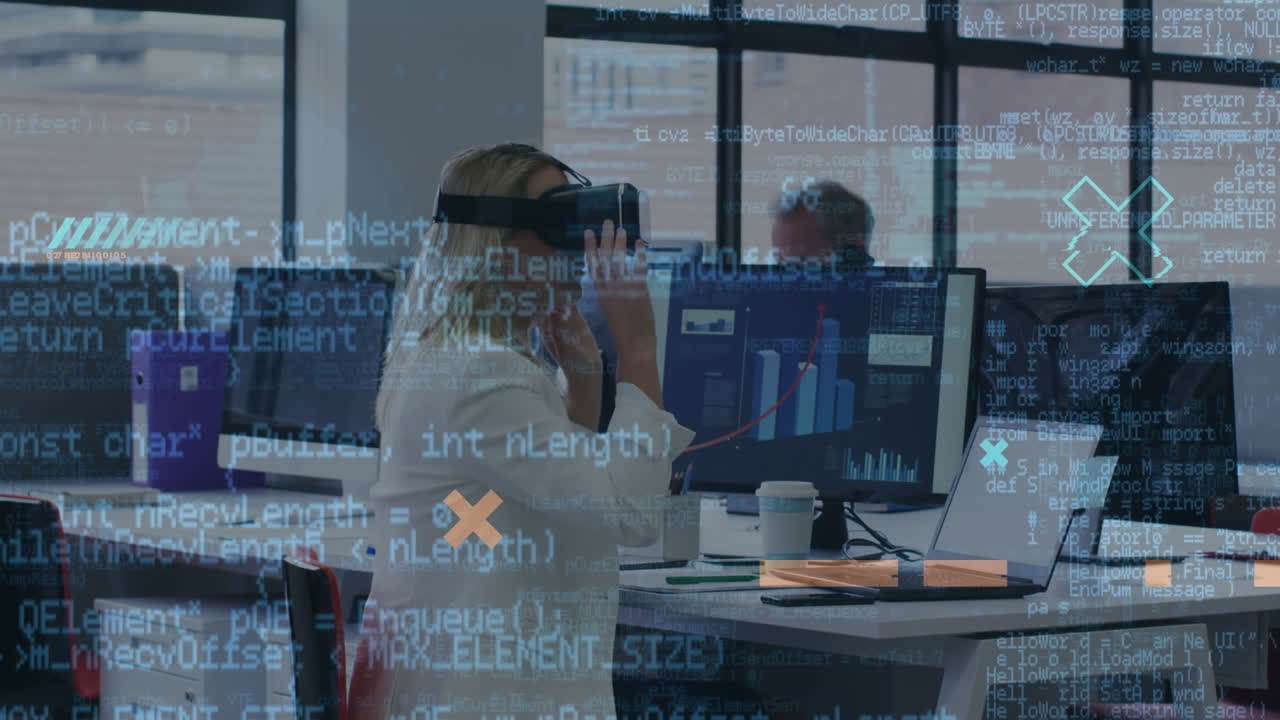 Animation of financial data processing over caucasian businesswoman using vr headset