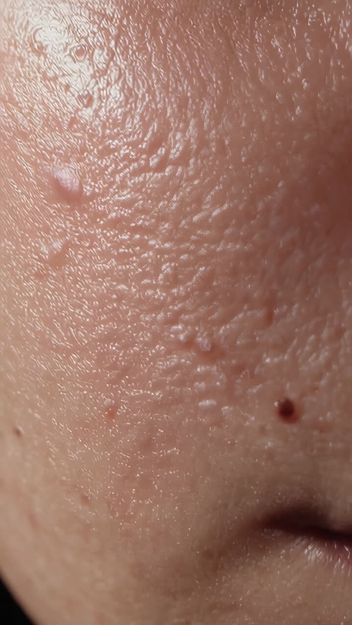 Close-up of a person's face with acne and oily skin