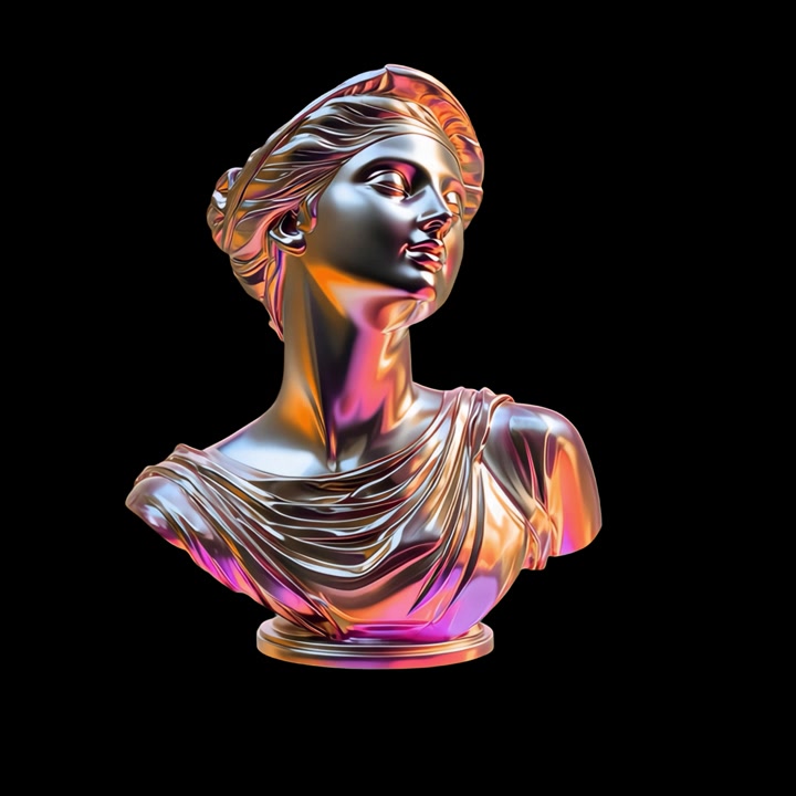 Iridescent Metallic Bust of a Classical Woman Rotating on Black Background