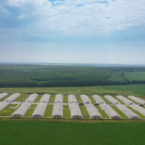 large industrial complex on the natural green background. exterior of modern farmhouses in the countryside in summer. camera is rising up slowly.