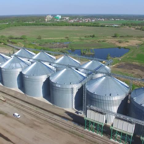 aerial view of big grain elevators