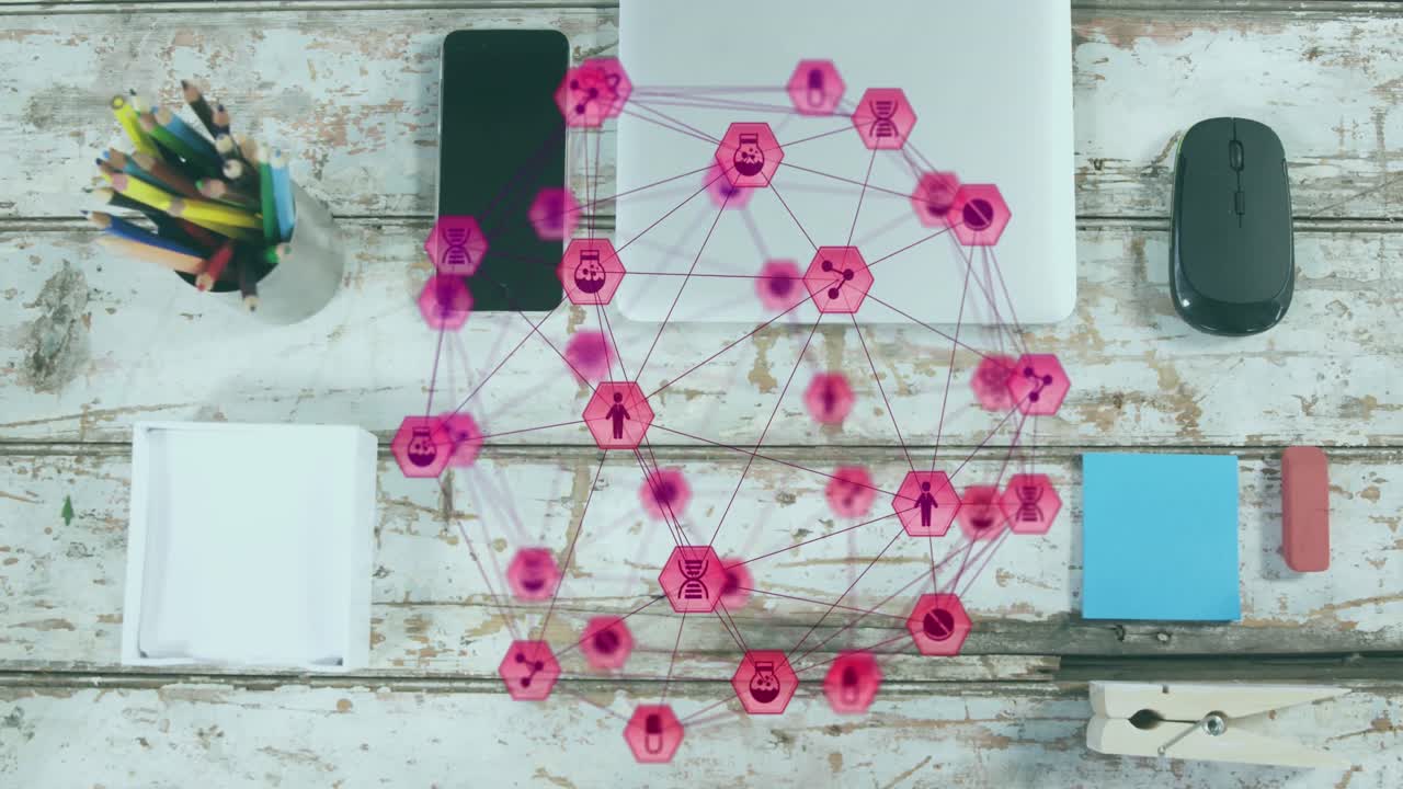 나무 표면에 장비의 클로즈업에 대비하여 디지털 아이콘의 지구의 애니메이션